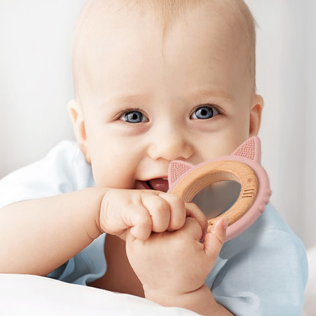 Babyono 1076/02 Gryzak drewniany silikonowy kotek