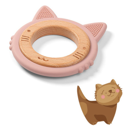 Babyono 1076/02 Gryzak drewniany silikonowy kotek