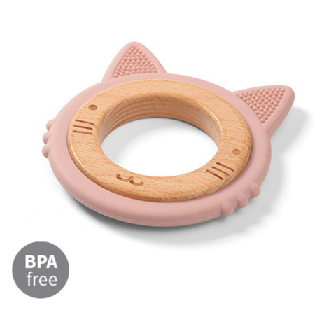 Babyono 1076/02 Gryzak drewniany silikonowy kotek