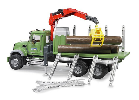Bruder 02824 MACK z dźwigiem przyczepą i pniami
