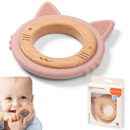 Babyono 1076/02 Gryzak drewniany silikonowy kotek