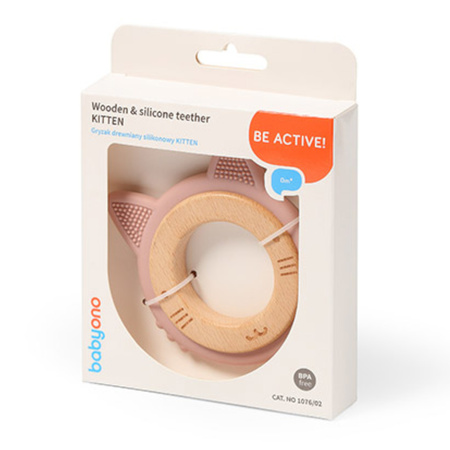 Babyono 1076/02 Gryzak drewniany silikonowy kotek