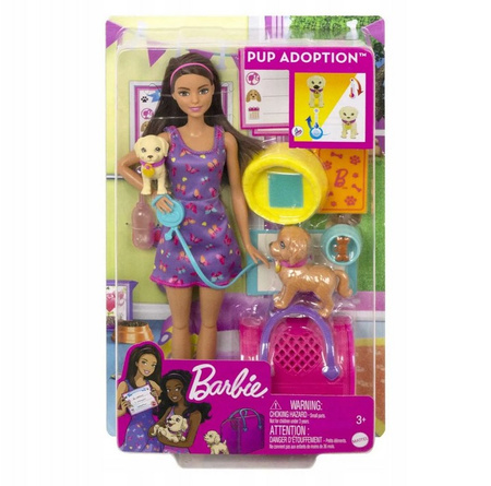 BARBIE HKD86 Lalka Adopcja piesków ZESTAW MATTEL 2 PIESKI