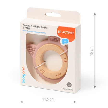 Babyono 1076/02 Gryzak drewniany silikonowy kotek